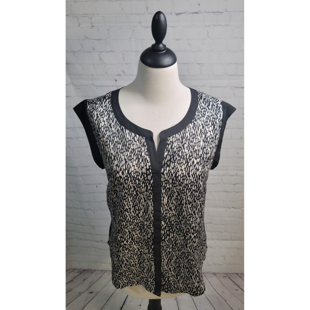daniel rainn Blouse Sz S Black Beige Split-neck Tunic Career Sleeveless